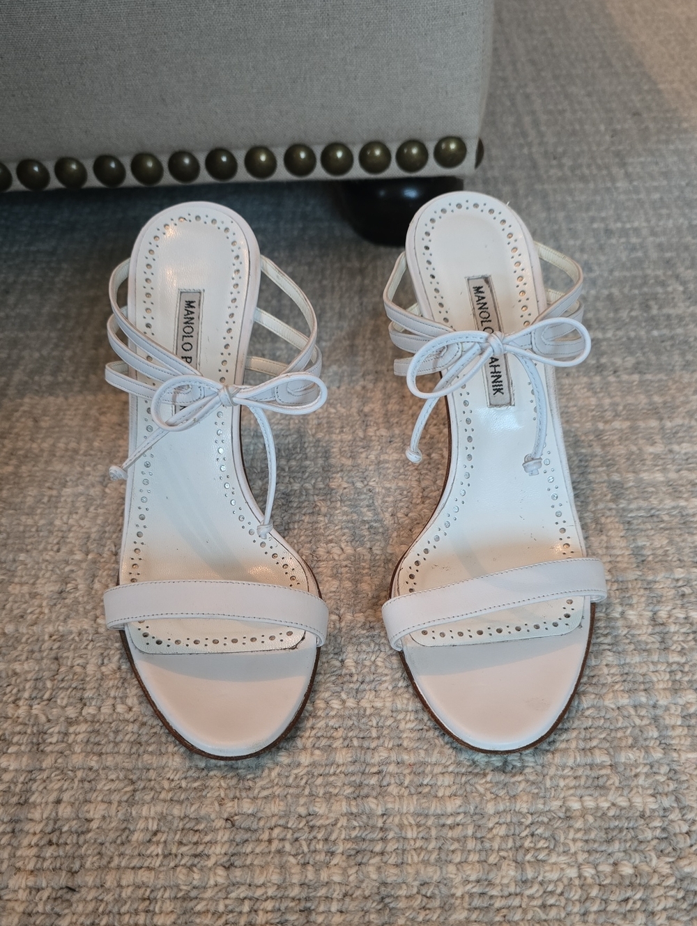 Manolo Blahnik White Lace-Up Open-Toe Heels